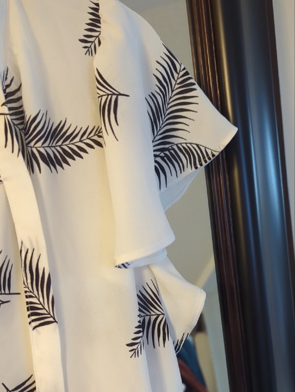 LOFT White Blouse with Black Palm Leaf Print and Tie V-Neck - Picture 3 of 9